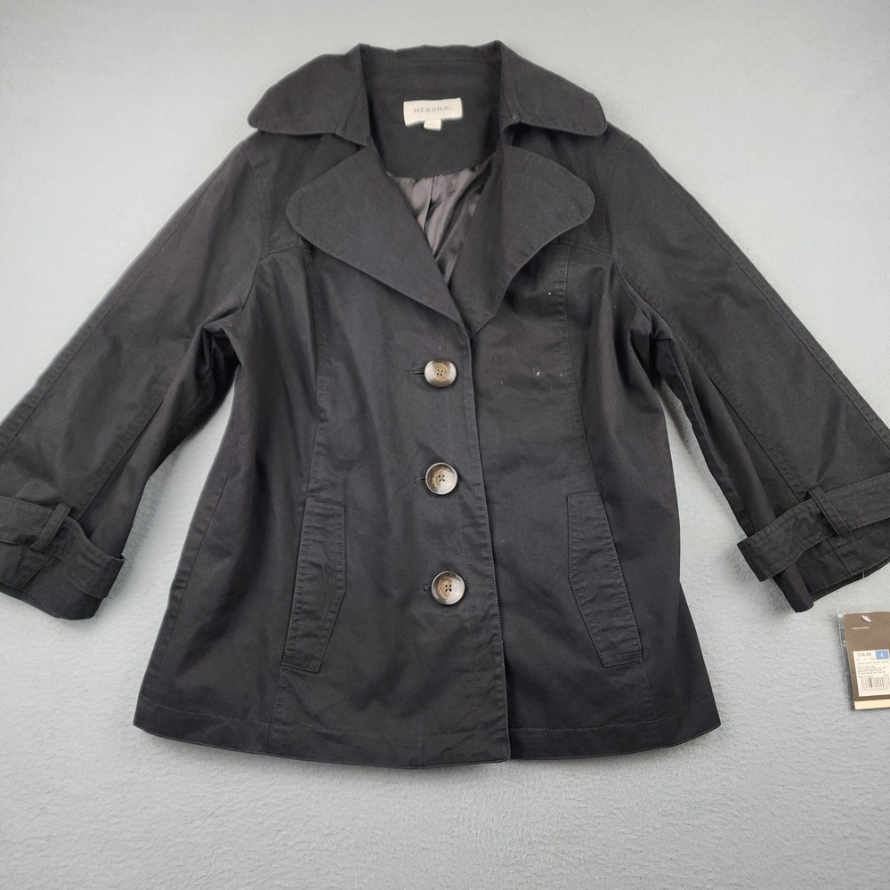 Merona Jacket Womens Large Black Cotton 3/4 Sleeve Button Lined Casual Short